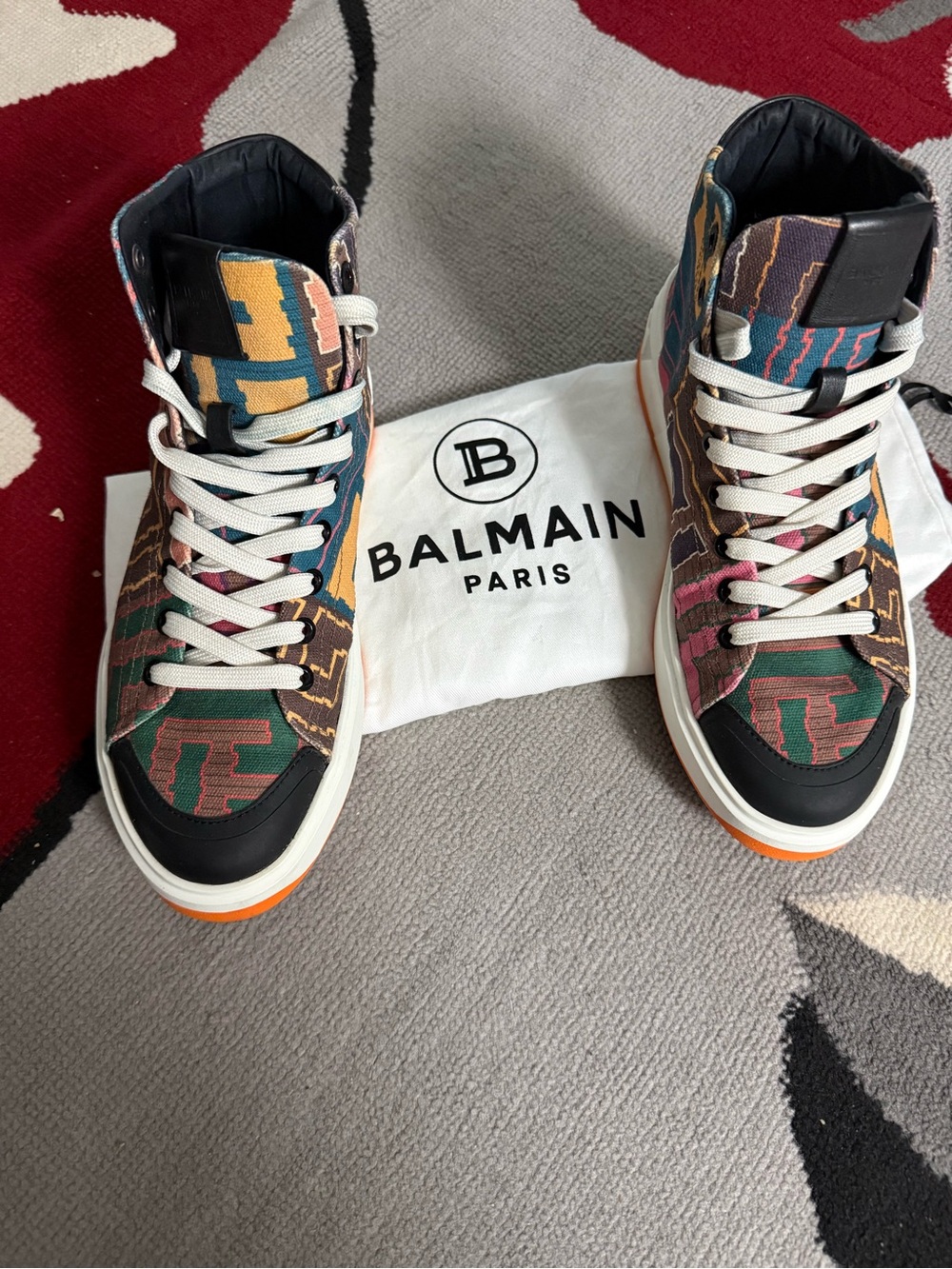 Balmain Multicolor High-Top Canvas Sneakers with Orange Soles